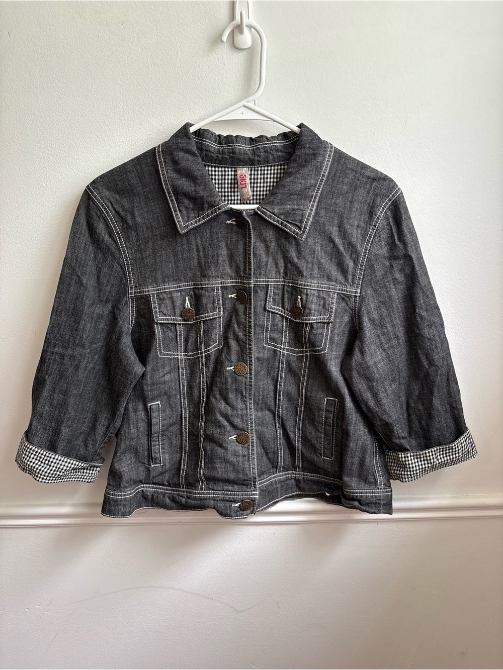 Women's Gray Denim Jacket with Gingham Trim